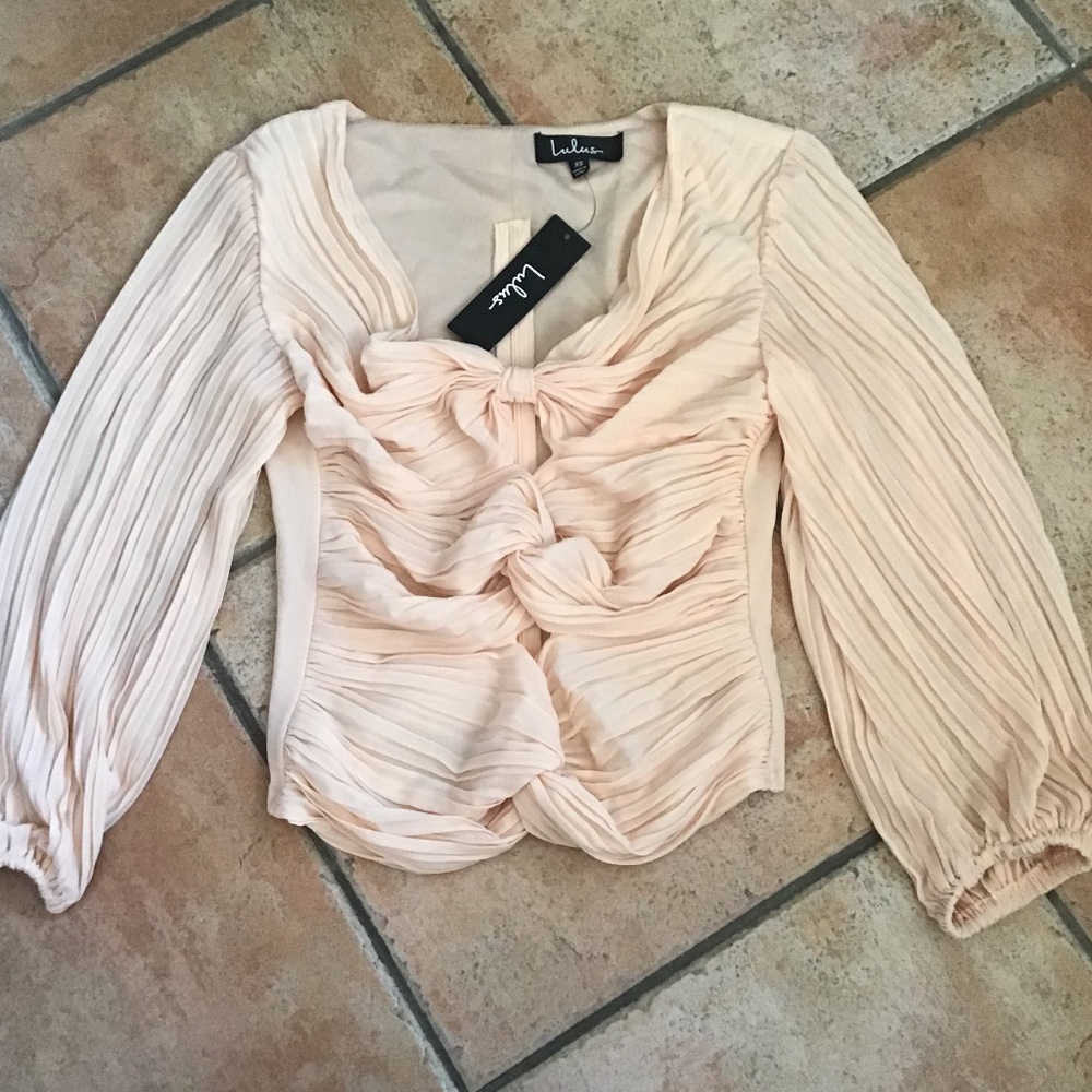 Lulu's Blush Pink Pleated Knot-Front Long Sleeve Blouse